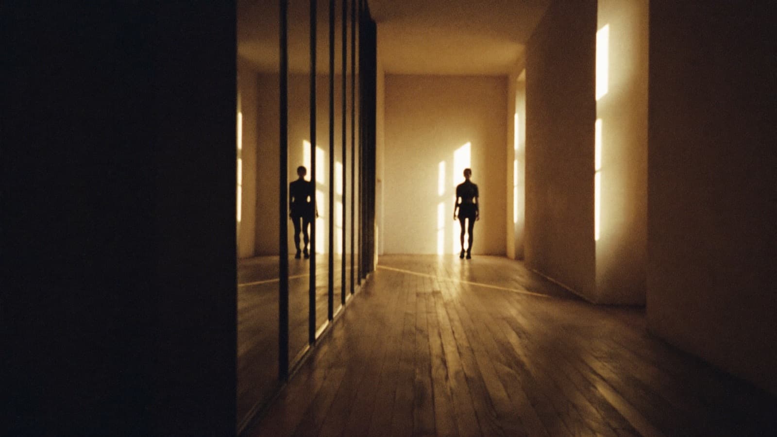 Iemand loopt door een lange gang; links loopt de spiegeling in het glas mee